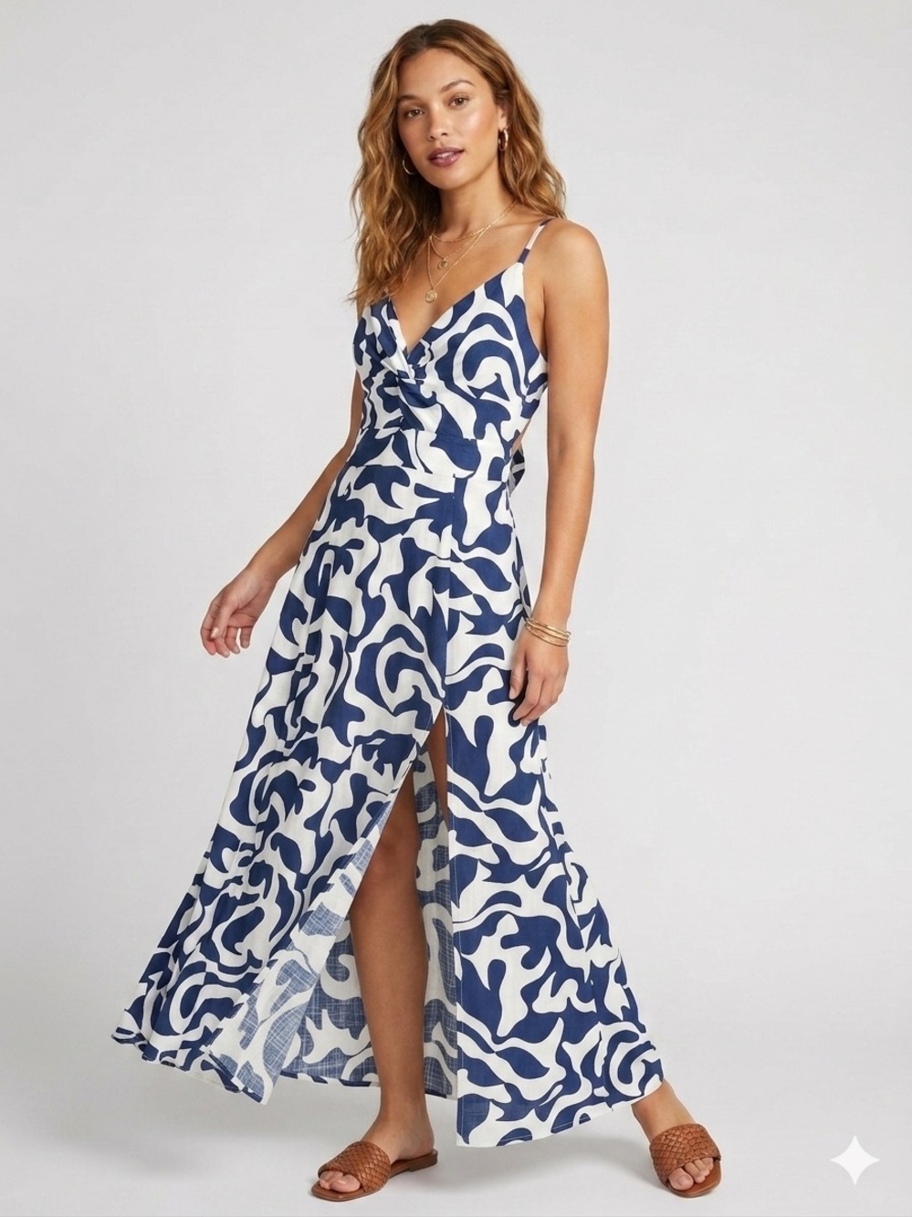 MSK Blue White Abstract Print Maxi Dress Coastal Chic Resortwear Twist Front MED